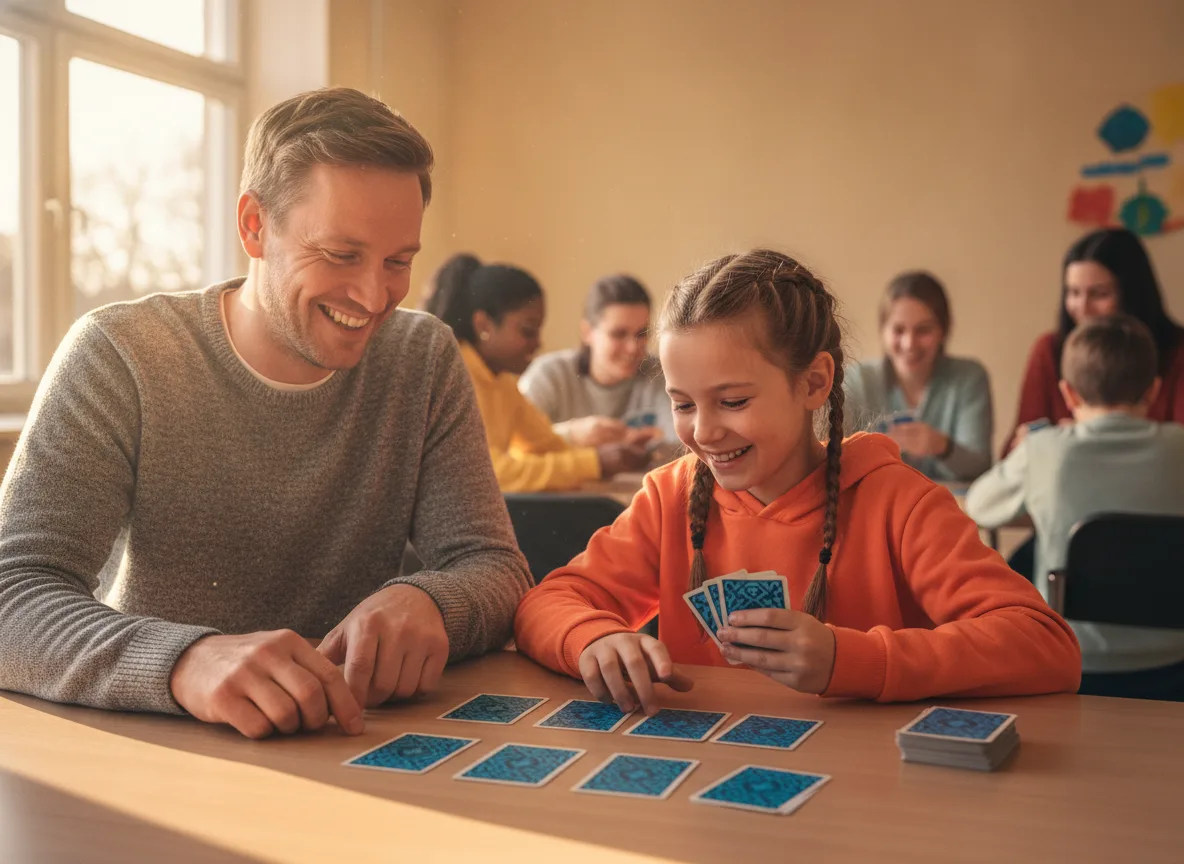 Vater und Tochter beim Kartentauschen am Tisch, im Hintergrund weitere Familien beim Tauschtreff